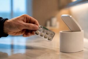 Mână verificând un medicament expirat pentru a fi aruncat